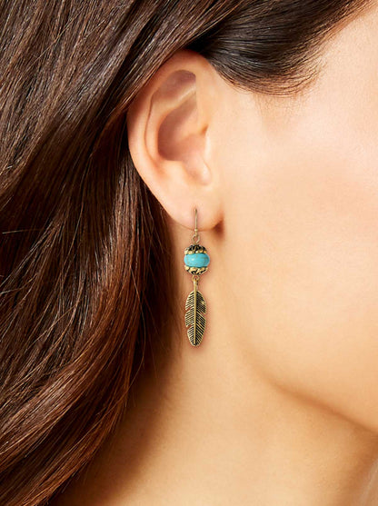 Jessica Simpson Accessories Turquoise Bead Feather Drop Earrings in Gold