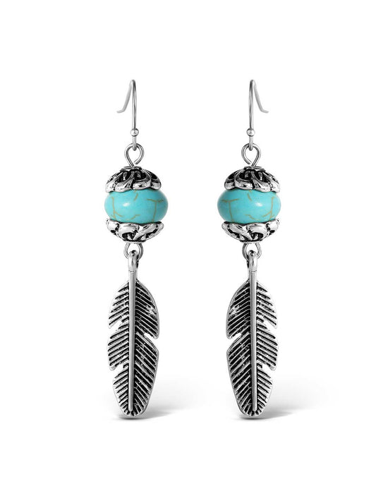Jessica Simpson Accessories Turquoise Bead Feather Drop Earrings in Silver
