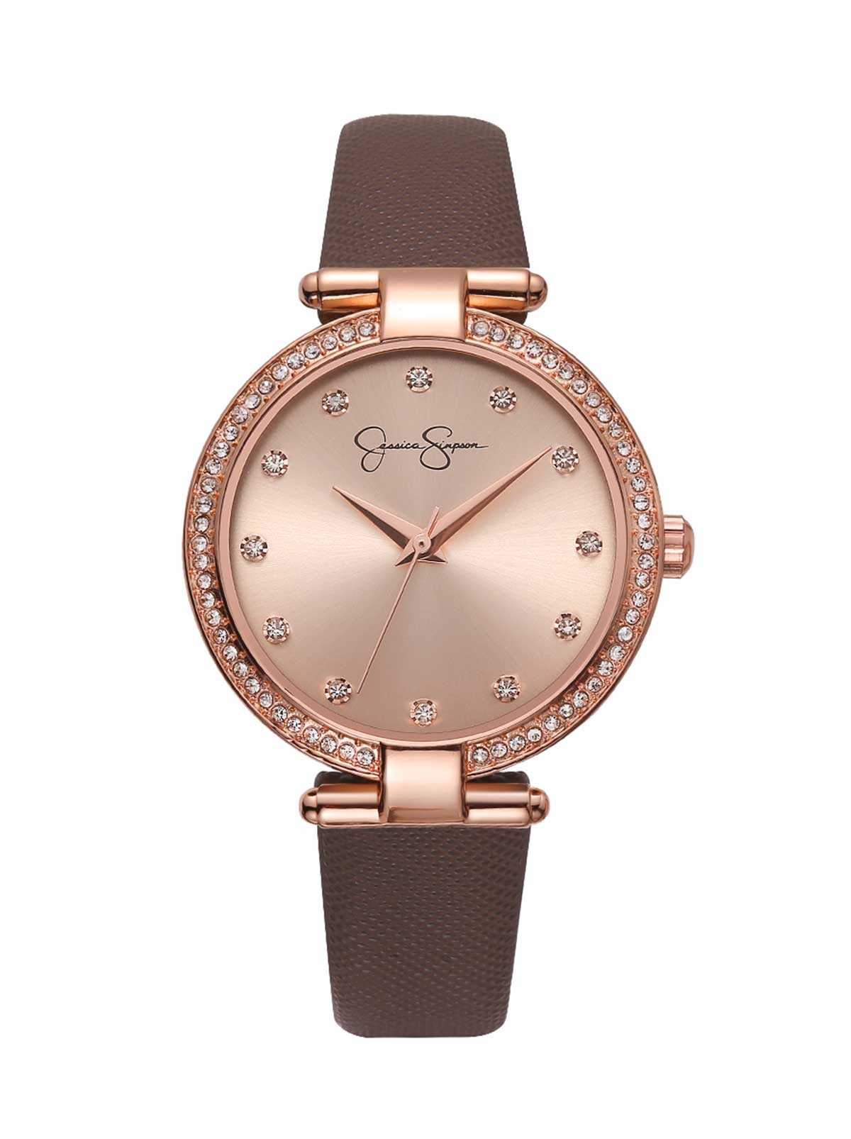 Jessica Simpson Accessories Crystal Bezel Brown Strap Watch in Rose Gold Tone