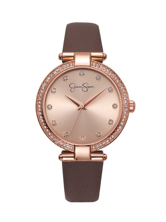 Jessica Simpson Accessories Crystal Bezel Brown Strap Watch in Rose Gold Tone