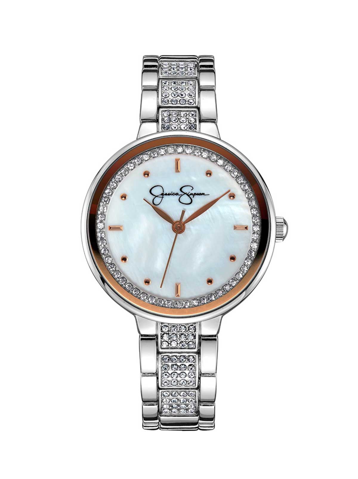 Jessica Simpson Accessories Crystal & Genuine Mother Of Pearl Dial Watch in Silver Tone