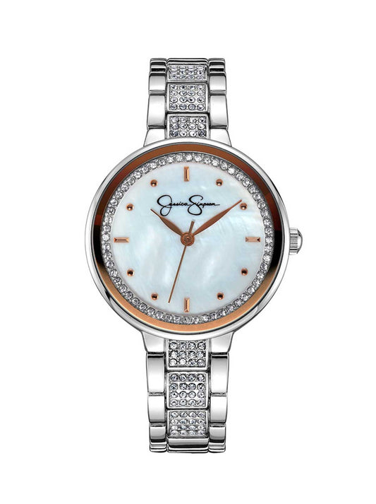 Jessica Simpson Accessories Crystal & Genuine Mother Of Pearl Dial Watch in Silver Tone