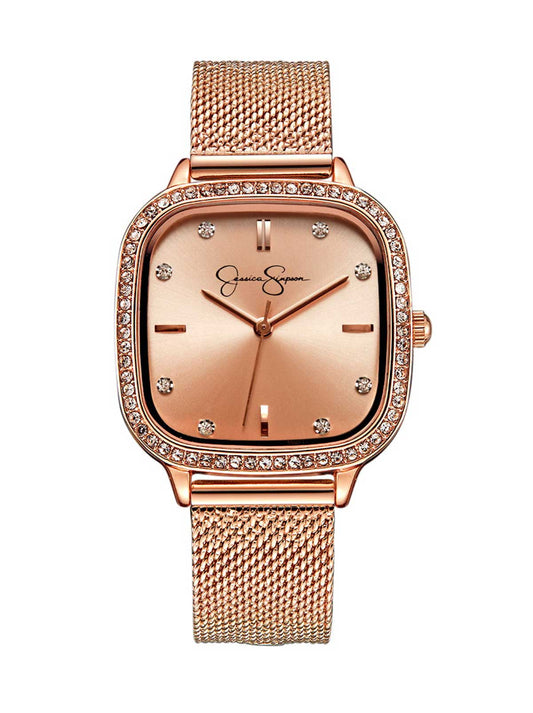 Jessica Simpson Accessories Crystal Bezel Mesh Watch in Rose Gold Tone