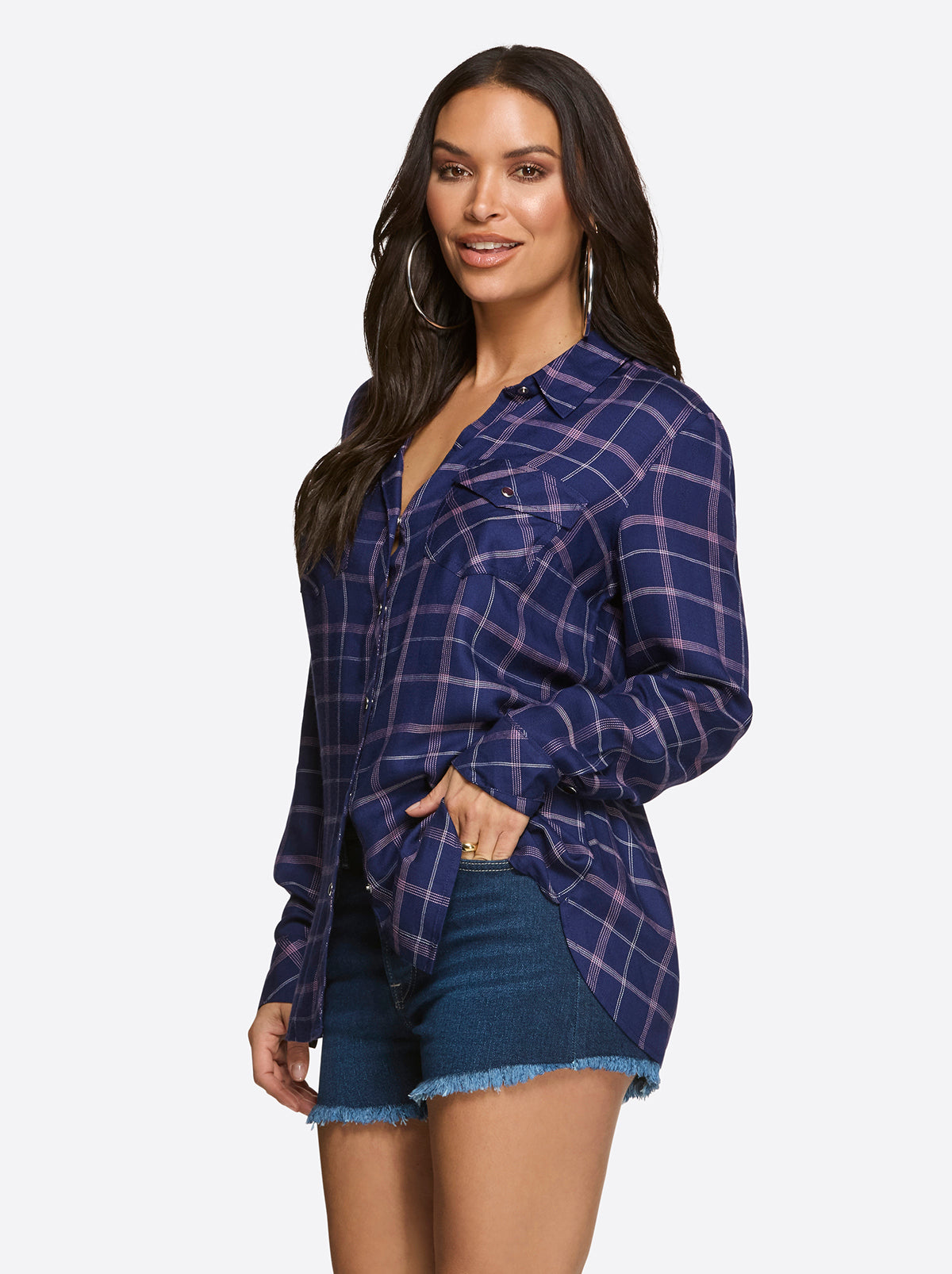 Jessica Simpson Women Petunia Shirt in Ocean Cavern Plaid