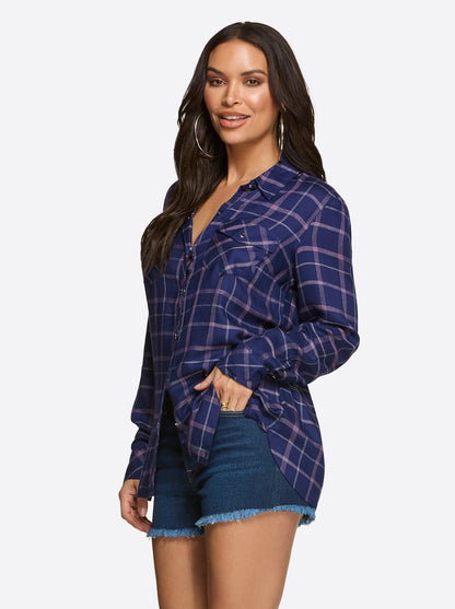 Jessica Simpson Women Petunia Shirt in Ocean Cavern Plaid