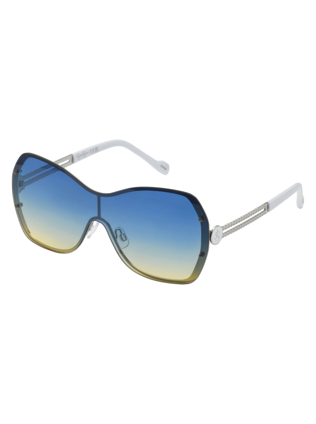 Jessica Simpson Accessories Frameless Metal Shield Sunglasses in Silver & White
