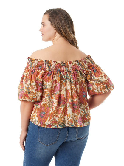 Jessica Simpson Women Rosiya Off Shoulder Top in Apricot Sherbet Paisley