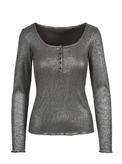 Jessica Simpson Women Tahani Henley Top in Silver Grey