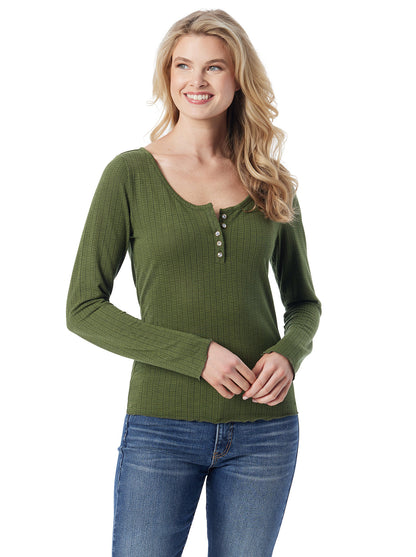 Jessica Simpson Women Tahani Henley Top in Bronze Green