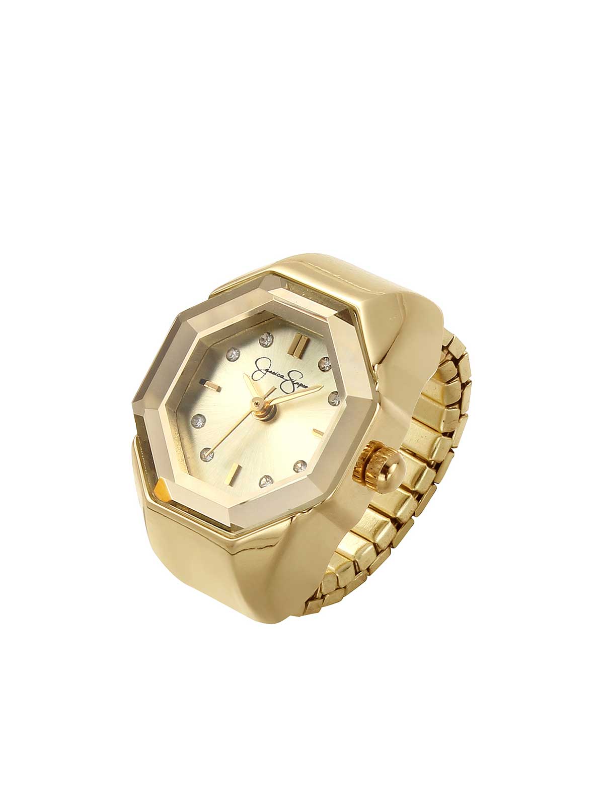 Jessica Simpson Accessories Faceted Bezel Crystal Ring Watch in Gold