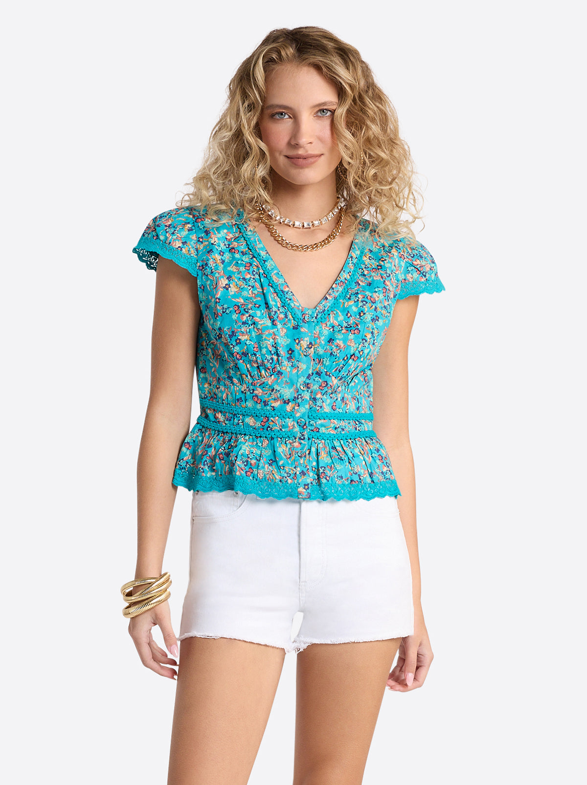 Jessica Simpson Women Alessia Blouse in Tile Blue Acrylic Ditsy